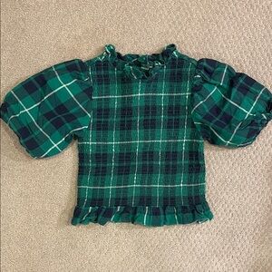 Janie and Jack Green Plaid Puff Sleeve Top
